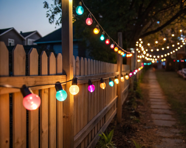 String lights draped evenly along a fence line.