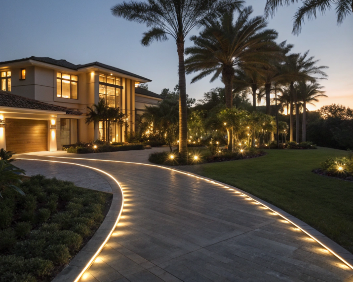 A driveway lined with glowing pathway lights.