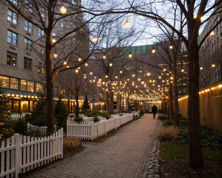 Lighted pathway with festive stake lights.