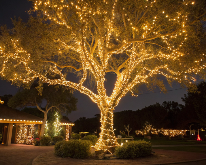 Outdoor tree wrapped in glowing Christmas lights.