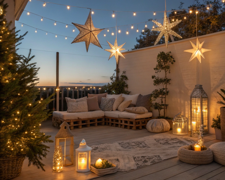 Bistro-style Christmas string lights hanging over a patio.