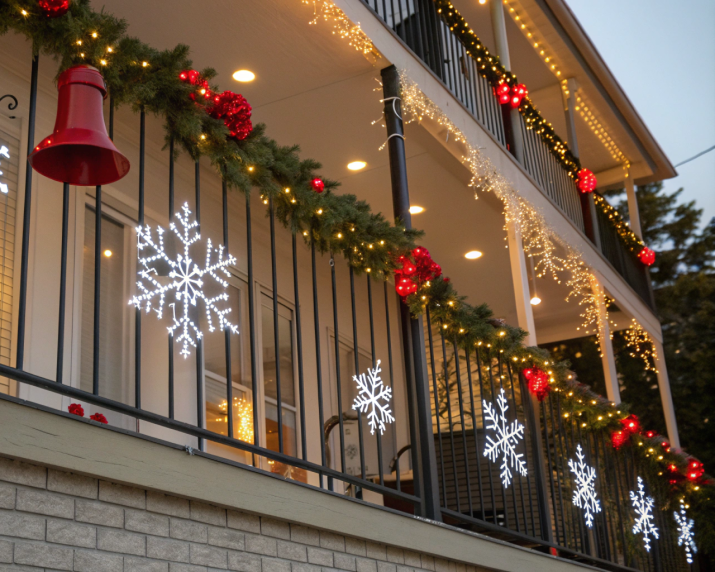 Balcony railing decorated with lighted garlands.