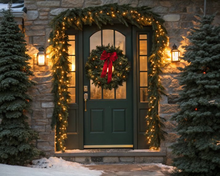 Front door decorated with a lighted garland.