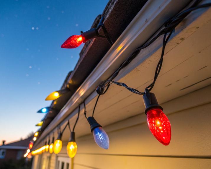 Icicle-style Christmas lights hanging from gutters.
