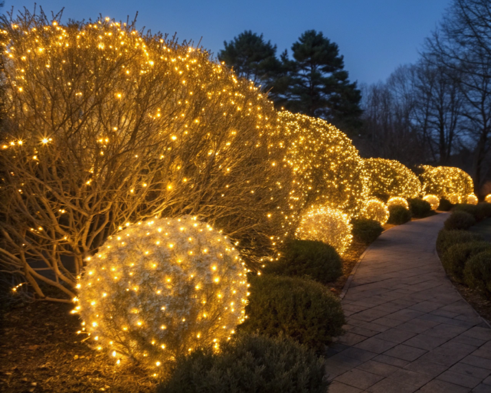 Bushes decorated with mini LED Christmas lights.