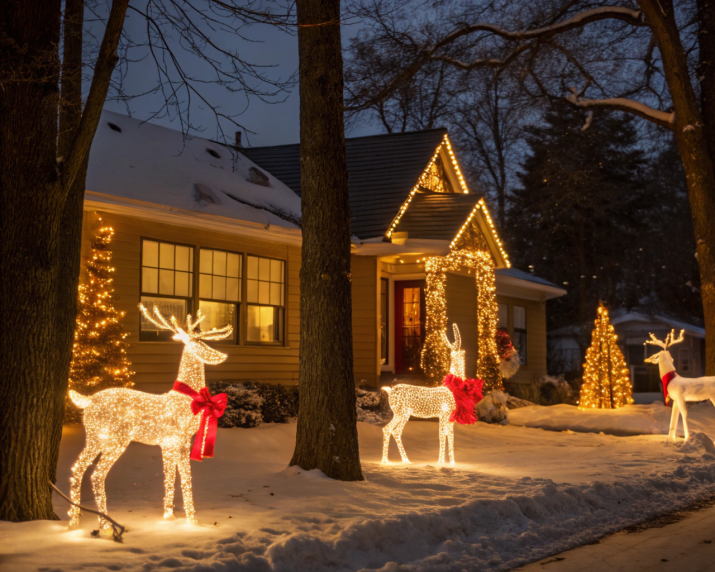 Illuminated deer figure glowing warmly against dusk.