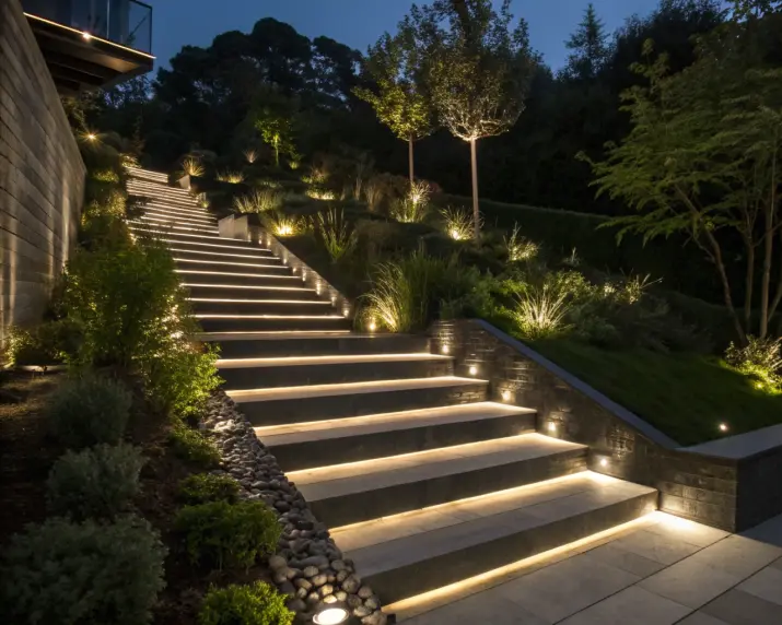 Garden grasses lit with landscape lights