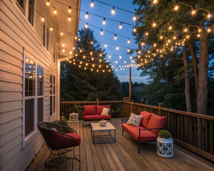 Patio with glowing string lights
