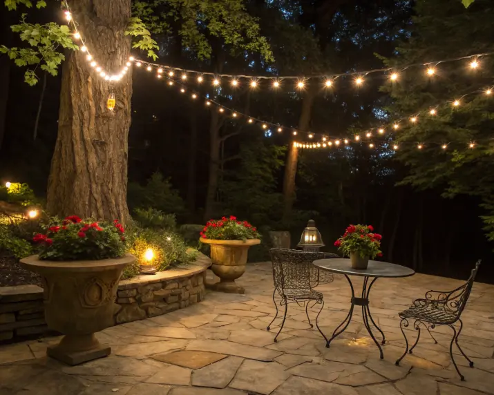 Hanging outdoor string lights