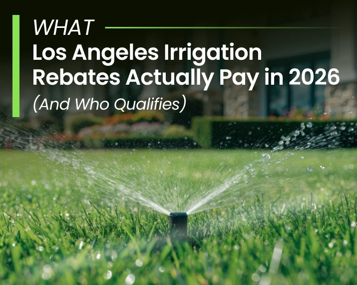 drip irrigation emitter watering a drought-tolerant plant bed in a Los Angeles backyard with gravel mulch and native plants
