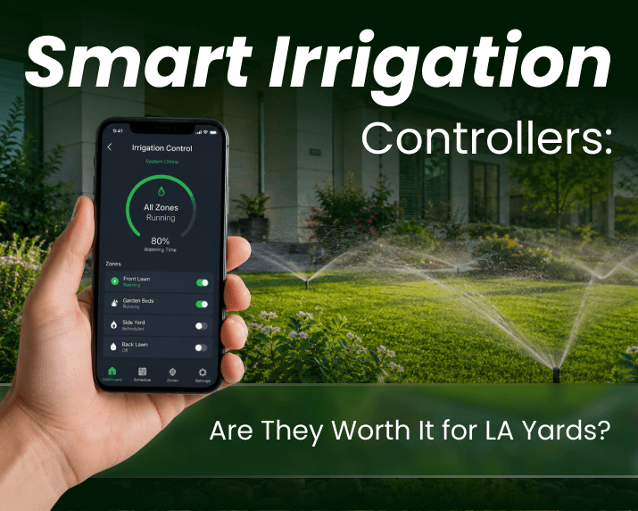 smart irrigation controller wall-mounted unit with smartphone app displaying zone schedule for a Los Angeles residential backyard with sprinkler system