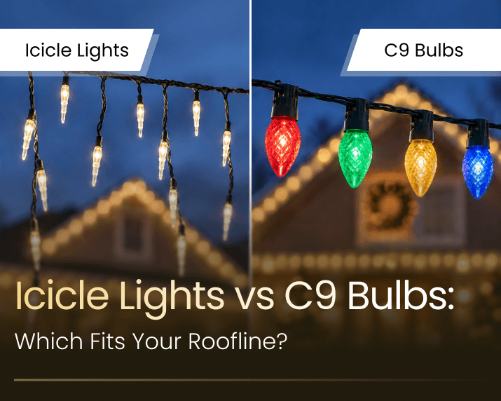 Icicle lights and C9 bulbs compared along a Los Angeles roofline at night